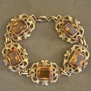 Vintage Czech Art Deco Brass and Amber Topaz Bracelet